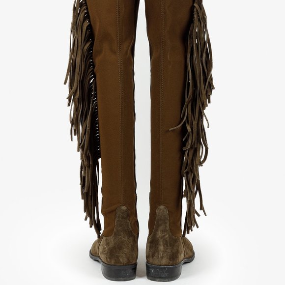 Stuart Weitzman 5050 Mane Fringe Olive Suede Leather OTK Boots - Picture 3 of 11
